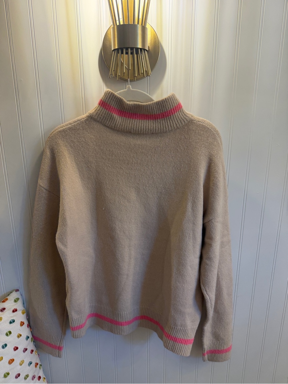 THML Women's Cream Turtleneck Sweater with Pink Stripe